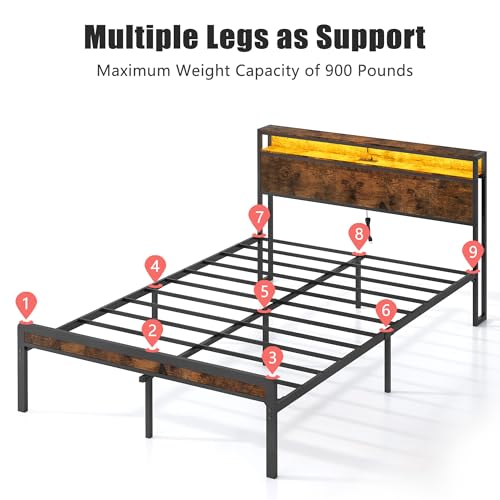 Vintage Brown Bed Frame with LED Light and Charging Station E94634