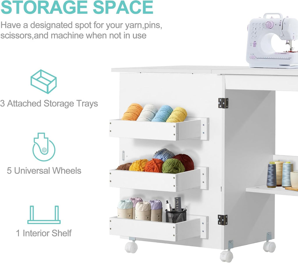 Folding Sewing Table with 3 Storage Shelves and Lockable Casters (White) C3044