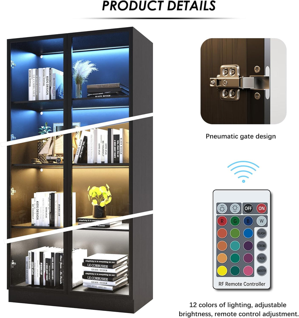 Display Cabinet with Glass Doors & Lights, 4-Tier, Black L5511