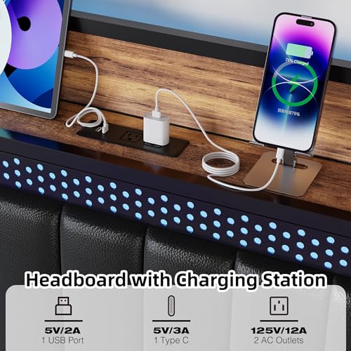 IDEALHOUSE Queen Bed Frame with Charging Station and LED Lights, Black N267458