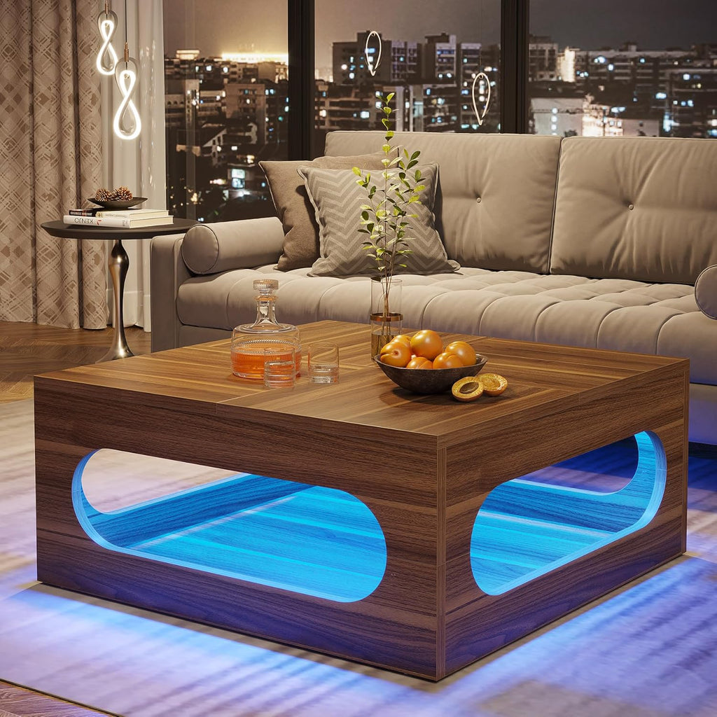 Tribesigns 43-Inch Square Coffee Table with LED Light and Storage, Brown B9843