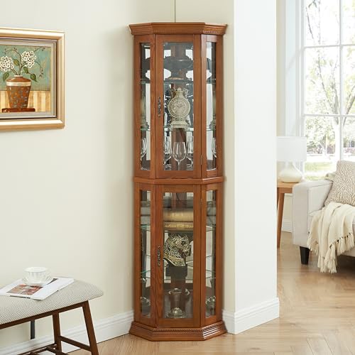 Corner Curio Cabinet with Tempered Glass Door, Adjustable Shelf, Oak H480297