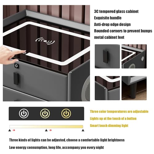 Nightstand with Wireless Charging Station, LED, 2 Drawers, Fingerprint Lock and Speaker (White 2) T603