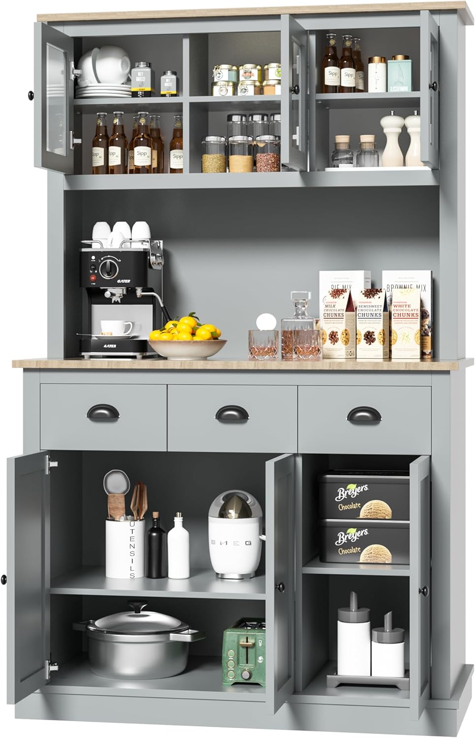 MU 71" Kitchen Hutch Storage Cabinet with Countertop, Grey U89791