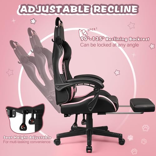 PUKAMI Pink Gaming Chair with Cat Ears and Footrest Q489025