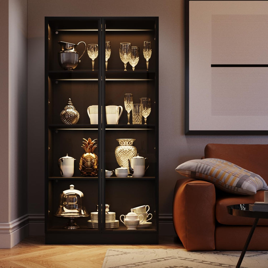Display Cabinet with Glass Doors & Lights, 4-Tier, Black L5511