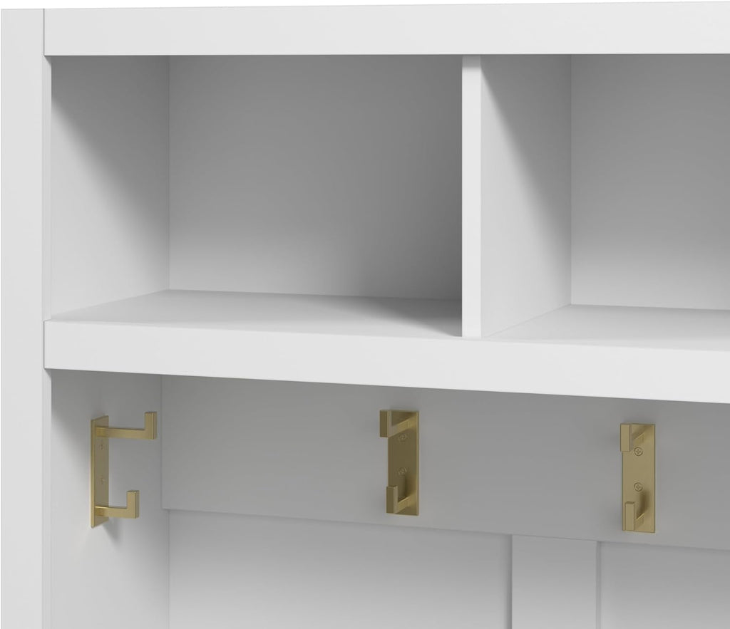 Bush Furniture Hampton Heights Full Entryway Storage Set with Coat Rack and Shoe Benches, White D250