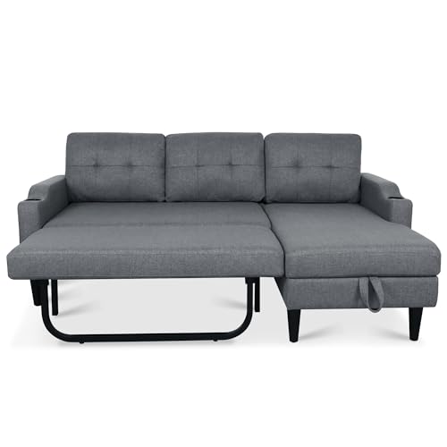 Modern Upholstered Pull Out Sleeper Sofa with Cup Holders, Brown W74223