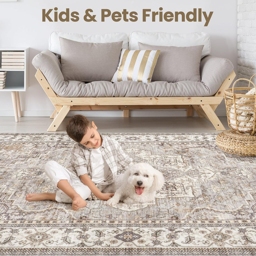 Washable Area Rug 8x10 Neutral Vintage Floral for Living Room X83094