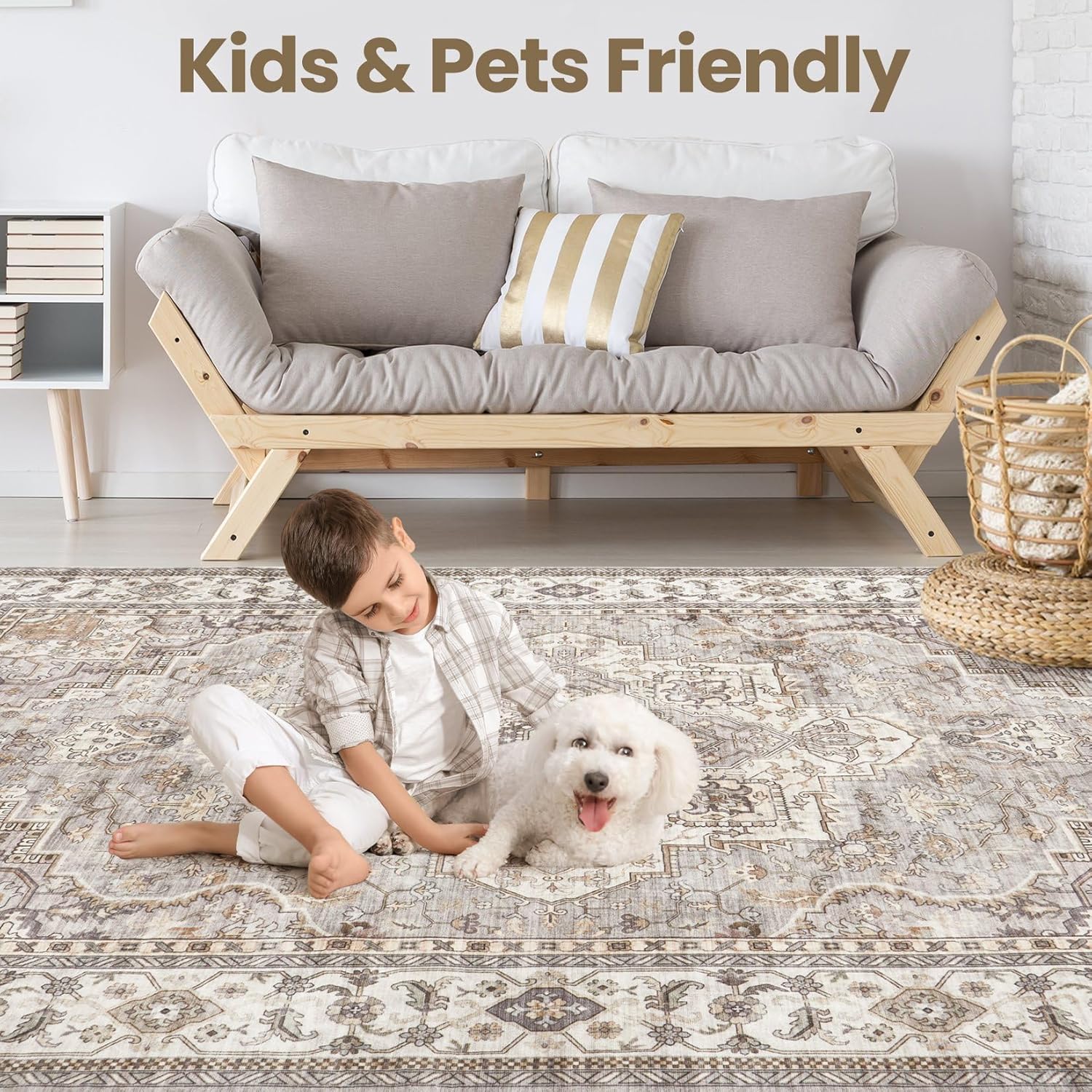 Washable Area Rug 8x10 Neutral Vintage Floral for Living Room X83094