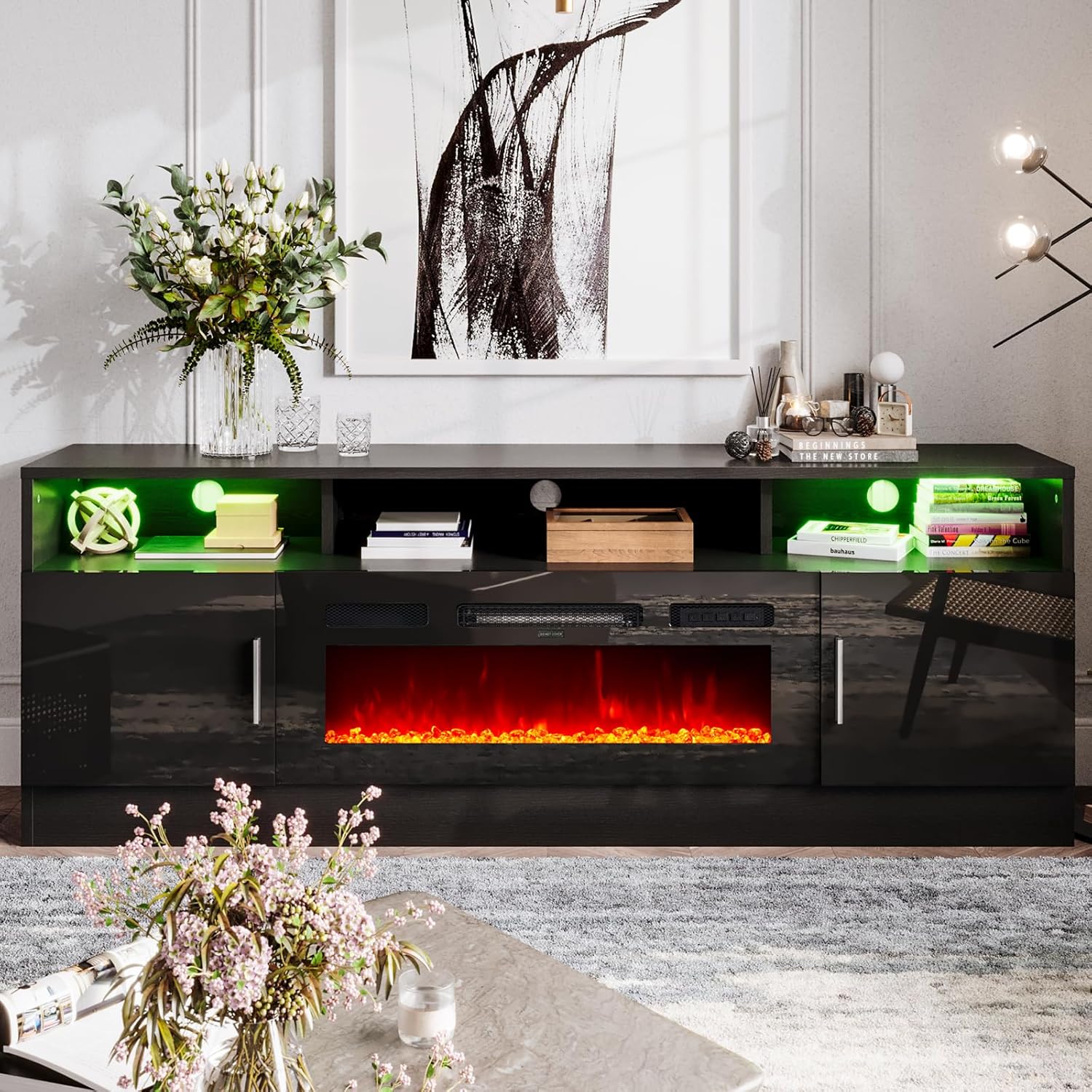 oneinmil Fireplace TV Stand with 36" Electric Fireplace, Fits TVs Up to 80", Black Q703