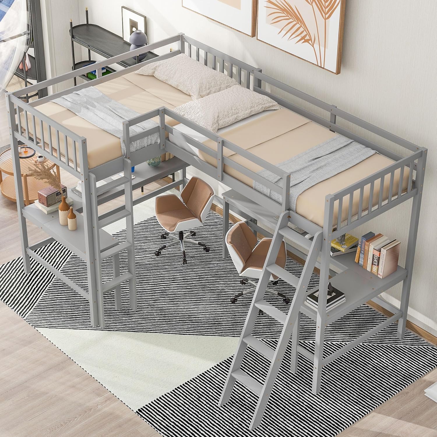 L-Shaped Double Twin Loft Bed with 2 Desks, Wood, Gray O422687