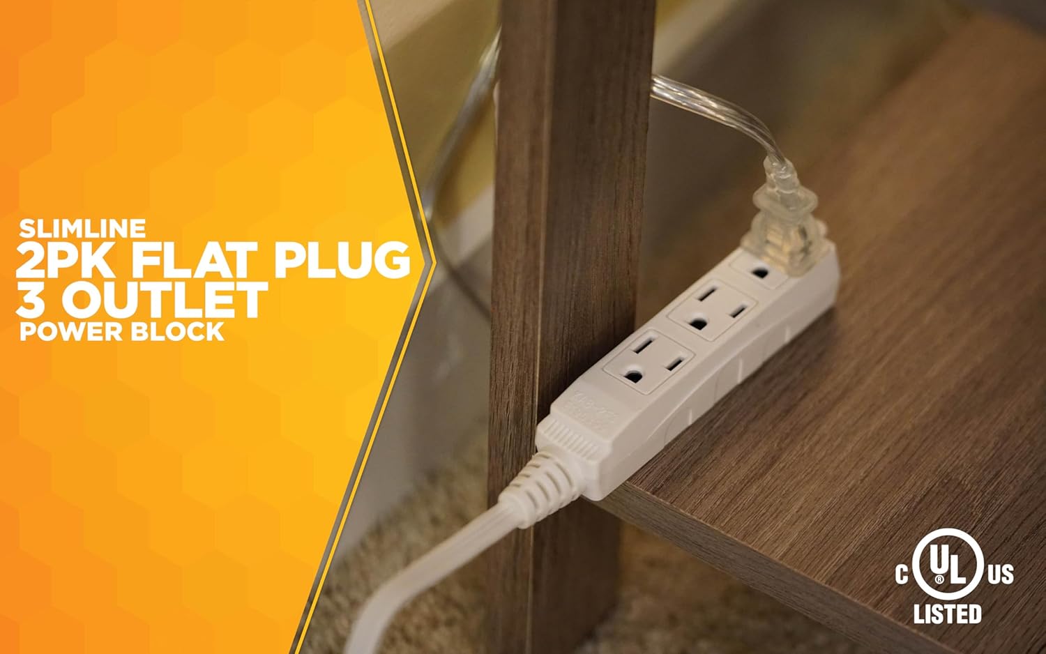 Woods Slimline 2232 Angled Flat Plug Extension Cord, 3 Grounded Outlets, 13-Foot, White M31688