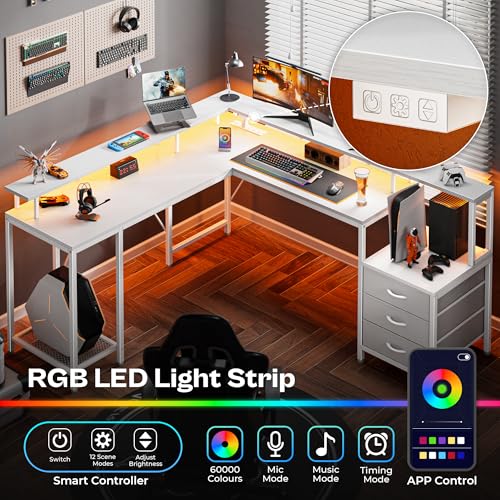 L Shaped Gaming Desk with LED Lights and Power Outlets, 66.1 Inches, Rustic Brown H7538