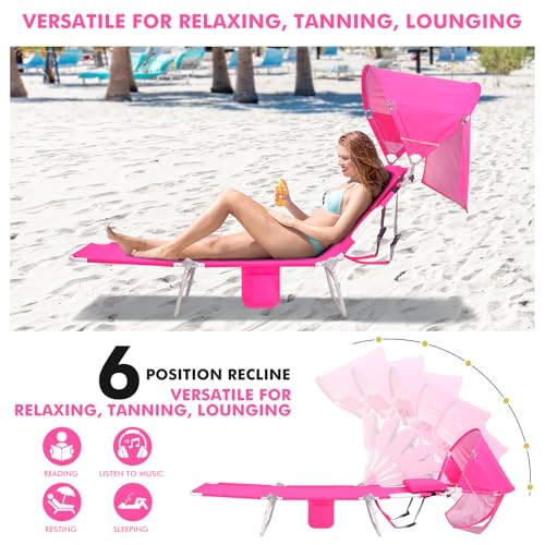 Backpack Beach Tanning Chair with Face Hole Sun Canopy, Folding Lounge Chair Reclining 6 Position, UPF 50+, 2 Pack W158