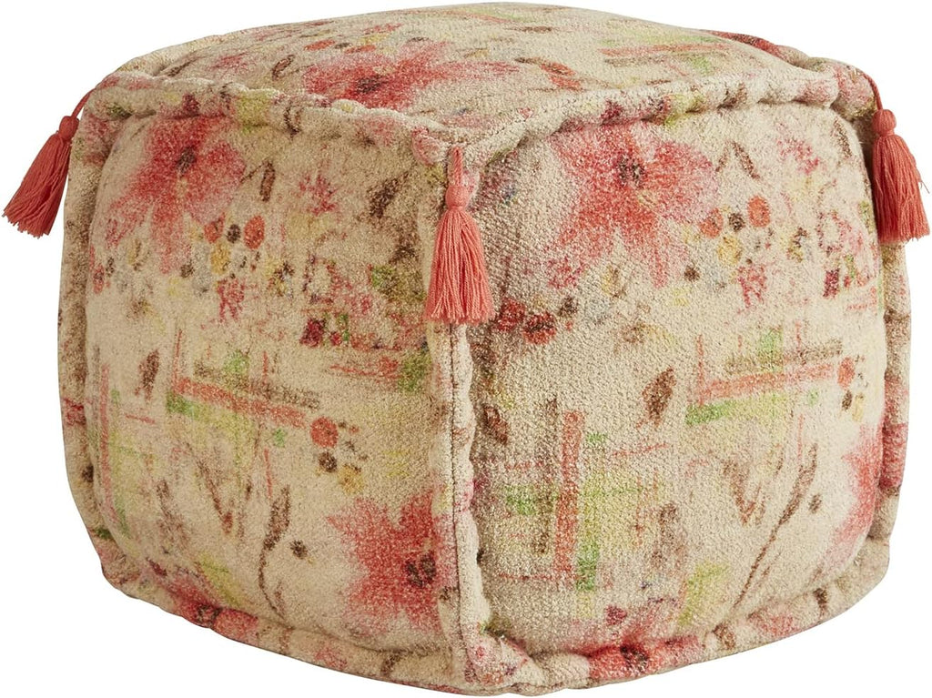 47th & Main Square Boho Tasseled Fabric Foot Stool Ottoman Pouf, 16" x 16", Floral Print