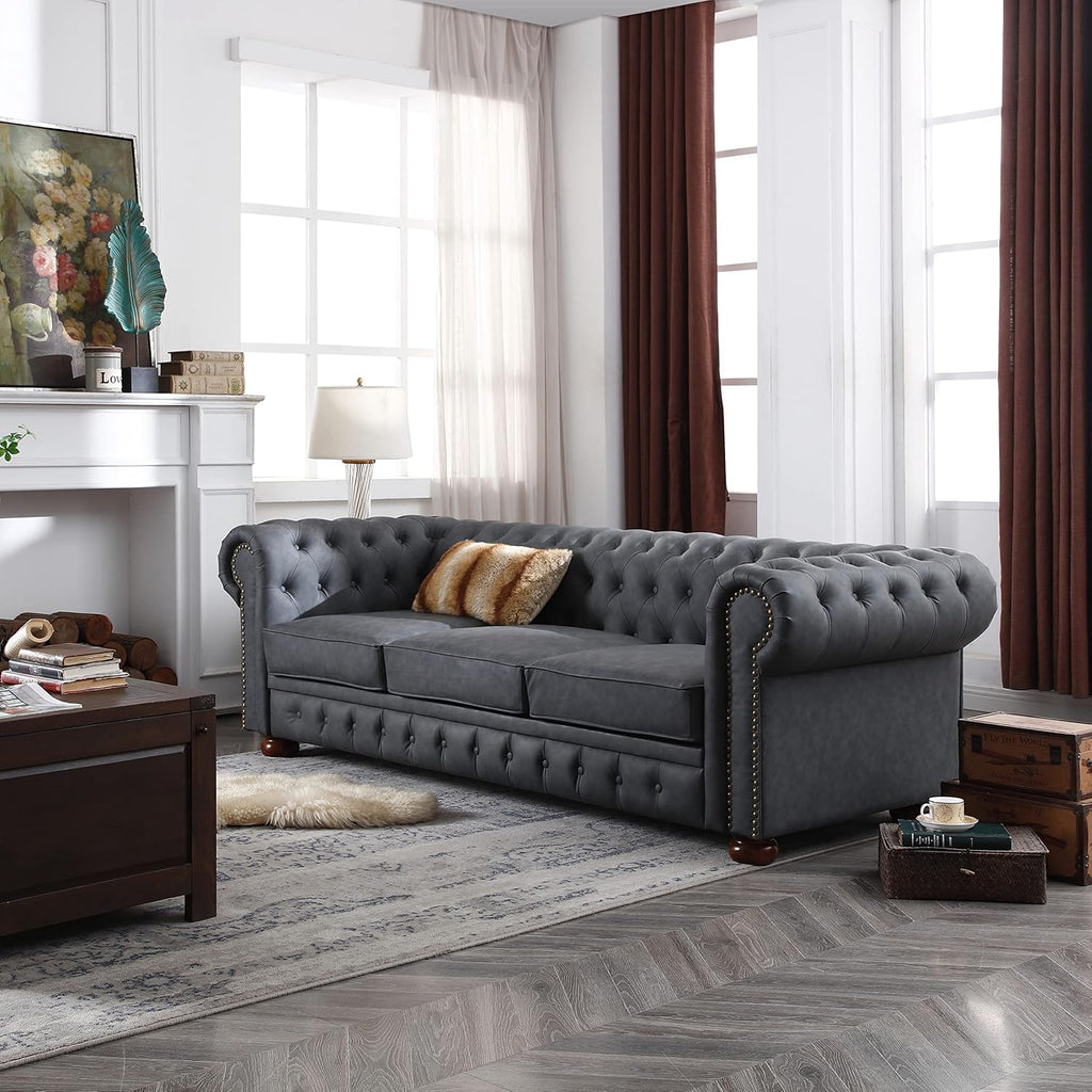Classic Chesterfield Sofa Dark Grey Faux Leather N111