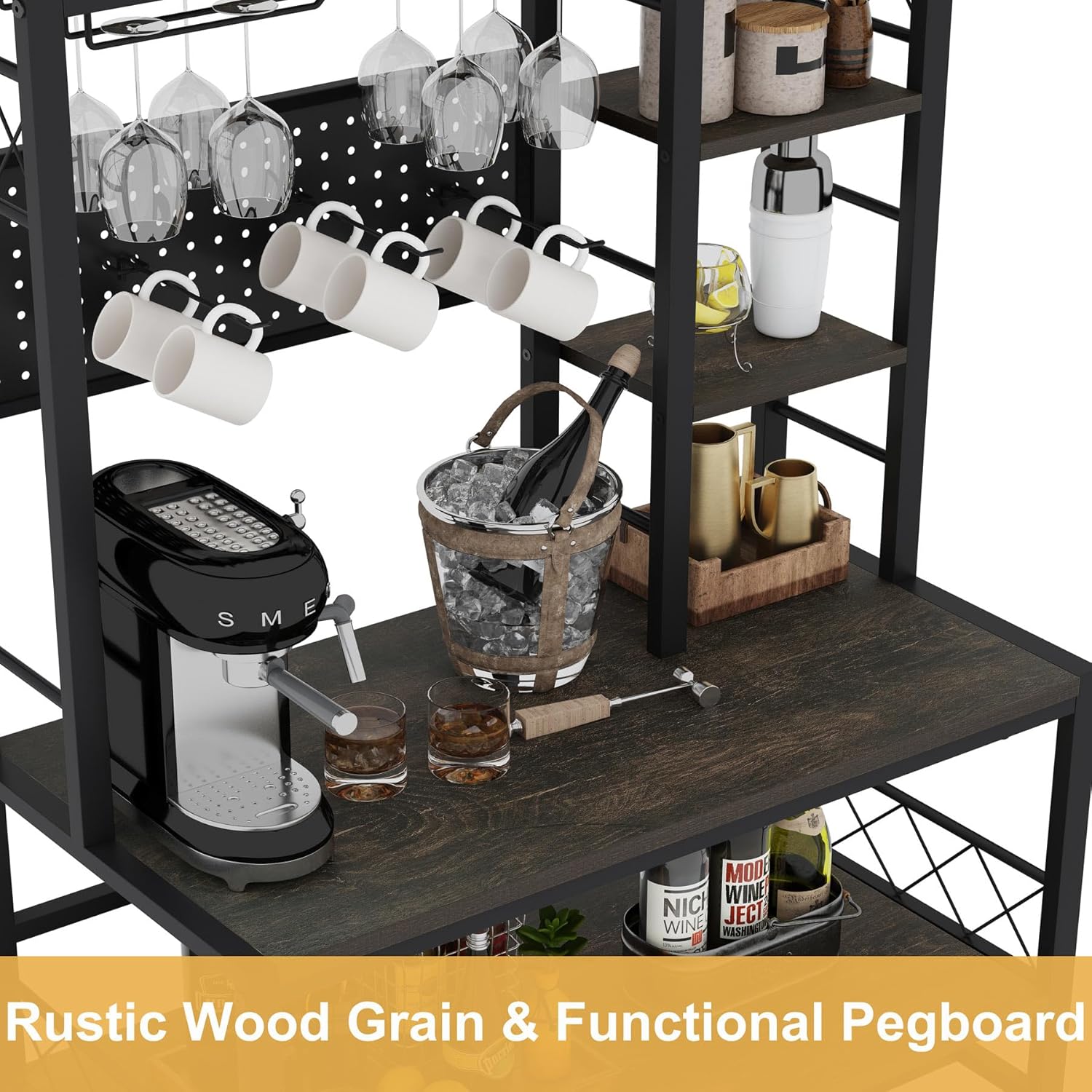 Industrial 3 Tier Mobile Gold Bar Cart with Wine Rack and Glass Holders D2731