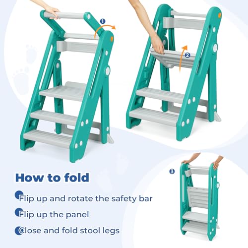 Onasti Toddler Tower Kitchen Stool Helper - Foldable, Adjustable Height, Blue Grey E26106