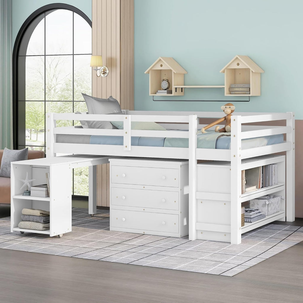 Full Size Low Loft Bed with Cabinet Shelves and Rolling Portable Desk White Mid-Century Modern Contemporary Unisex Nature Sports MDF Pine Varnished Hidden Storage Includes Hardware