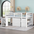 Full Size Low Loft Bed with Cabinet Shelves and Rolling Portable Desk White Mid-Century Modern Contemporary Unisex Nature Sports MDF Pine Varnished Hidden Storage Includes Hardware