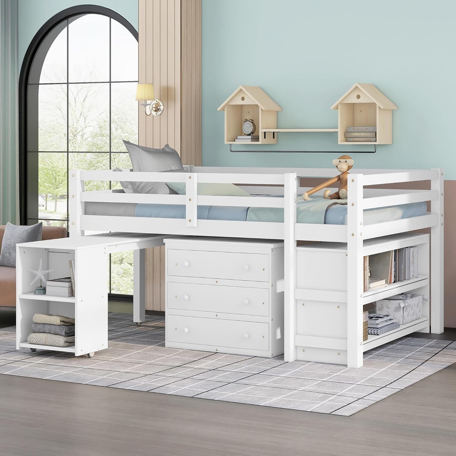 Full Size Low Loft Bed with Cabinet Shelves and Rolling Portable Desk White Mid-Century Modern Contemporary Unisex Nature Sports MDF Pine Varnished Hidden Storage Includes Hardware