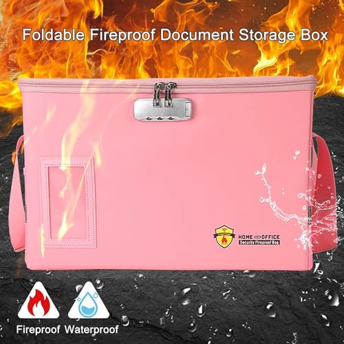 Fireproof Document Box with Lock, File Organizer for Home Office, Pink X28697