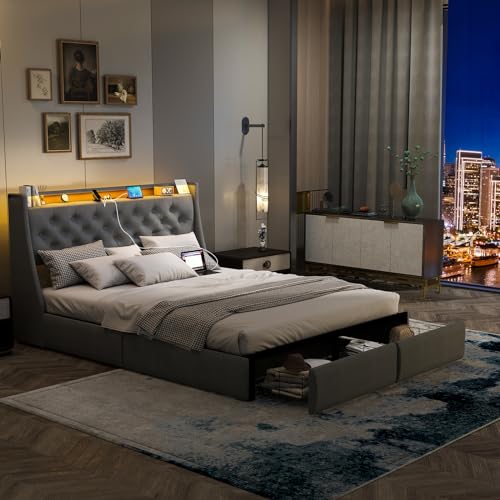Full Size Bed Frame with 4 Storage Drawers and LED Lights, Upholstered Wingback Headboard, Gray E185