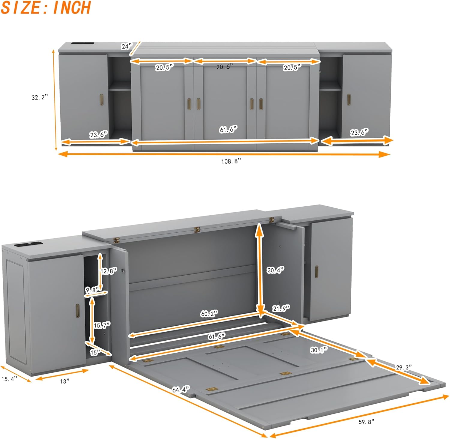 UBGO Queen Murphy Bed with Storage Shelves and USB Ports, Gray C34995