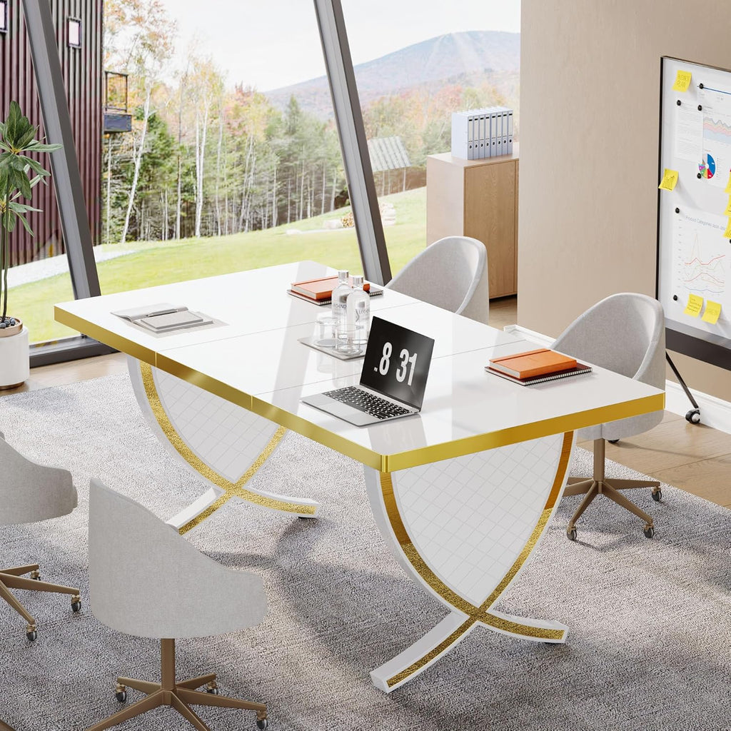 Tribesigns 63" Modern Executive Desk, White & Gold Q821027