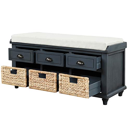Navy Wood Shoe Storage Bench with Cushion and 2 Drawers E532