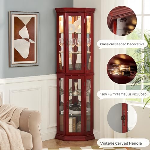 Corner Curio Cabinet Lighted Display with Glass Doors, Cherry T367989
