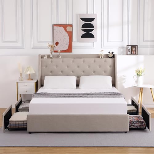 Full Size Bed Frame with Charging Station and Storage Drawers Y178