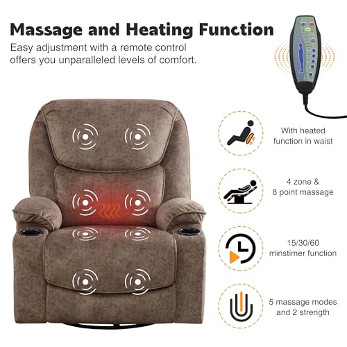 Swivel Rocker Recliner Chair, Power Reclining Leather, Cup Holders and USB Port, Dark Brown X35409