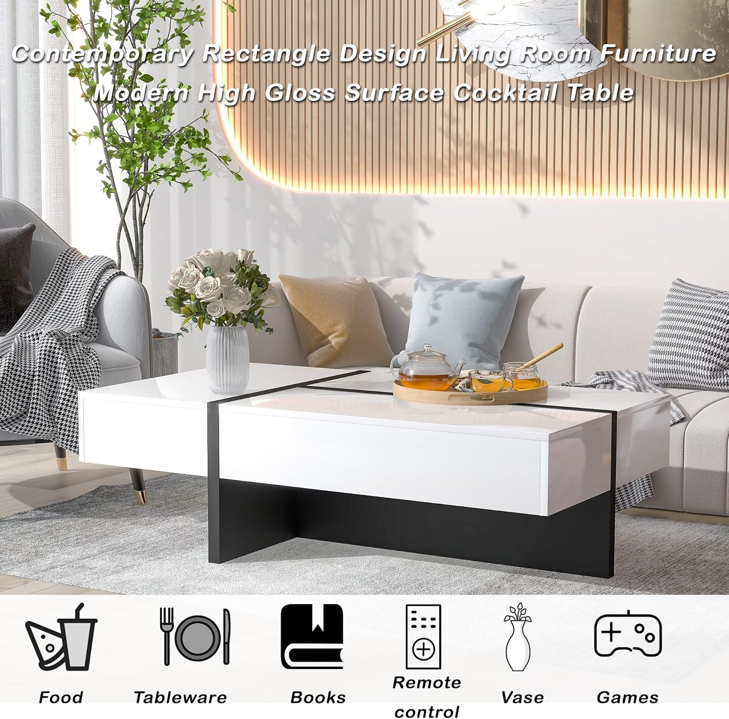 Merax Contemporary Rectangle Coffee Table, High Gloss, White and Black L88478