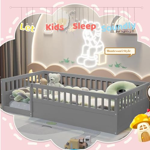 Twin Size Montessori Floor Bed for Kids with High Fence Railings, White R84810