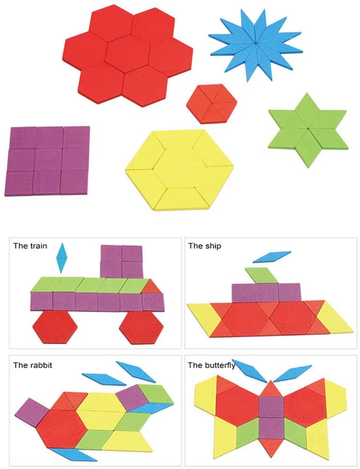 ISHANTECH 155 Pcs Wooden Pattern Blocks Set Geometric Shape Puzzle Montessori Tangram Toys for Kids Ages 4-8 C5106
