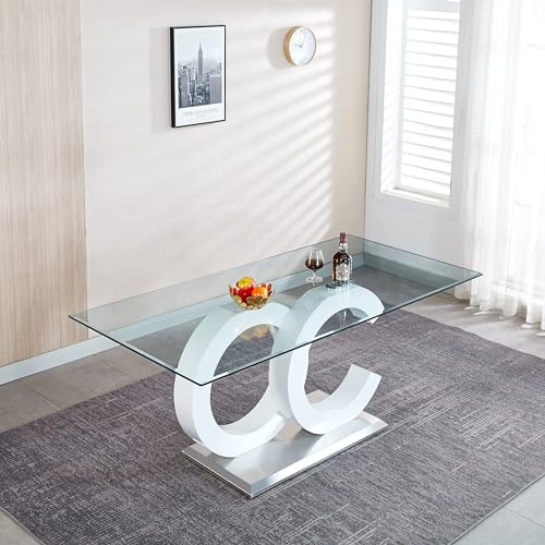 70 inch Glass Dining Table for 8, Tempered Glass with Gold Stainless Steel Pedestal U5101