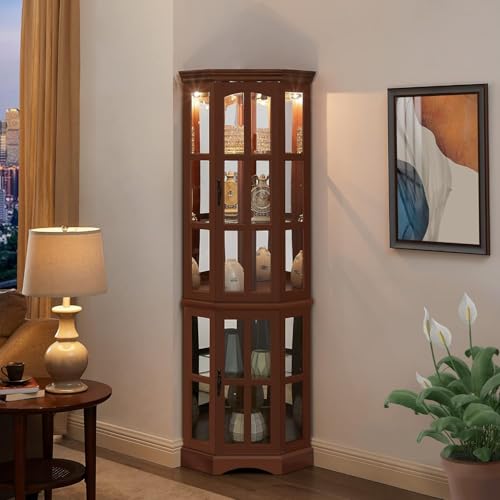 Lighted Corner Curio Cabinet with 4 Adjustable Shelves, Cherry Z6402
