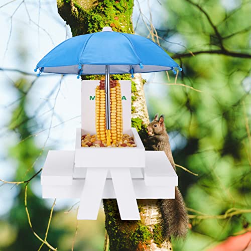 MIXXIDEA Squirrel Feeder Table with Umbrella, Wooden Picnic Table Feeder C6132