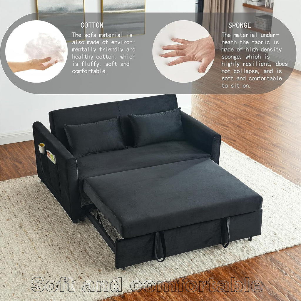 54 Inch Convertible Sleeper Sofa Velvet Loveseat with Pullout Bed, Black Q87897