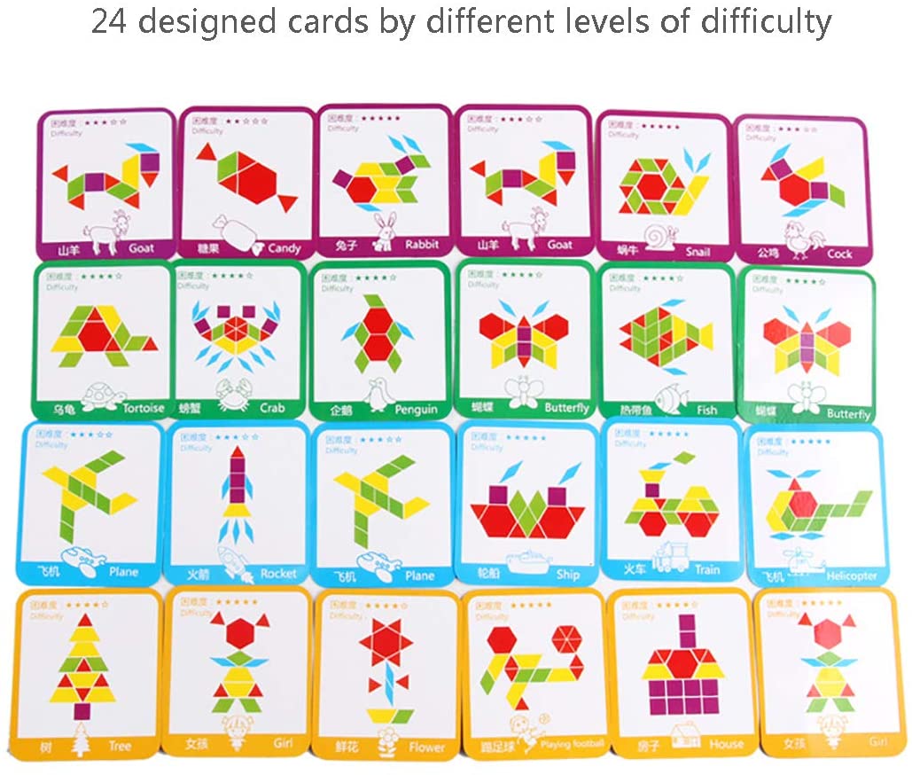 ISHANTECH 155 Pcs Wooden Pattern Blocks Set Geometric Shape Puzzle Montessori Tangram Toys for Kids Ages 4-8 C5106