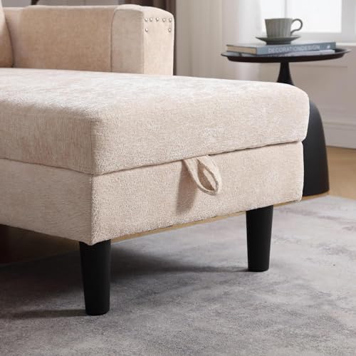 Sleeper Sectional Sofa with Storage Chaise, L Shape Chenille Pull Out Sofa Bed, Beige A24547