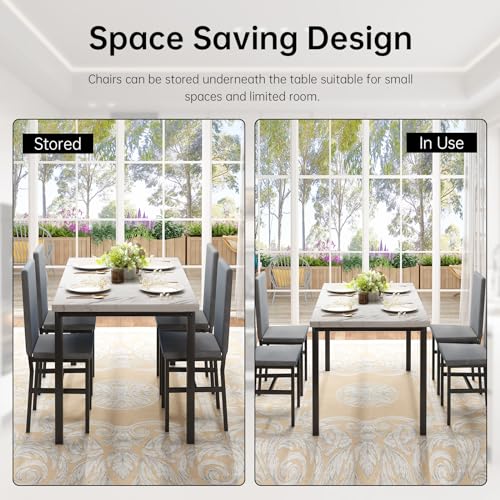 Hooseng Dining Table Set for 4, Faux Marble Tabletop & PU Leather Chairs, Brown & White Z433
