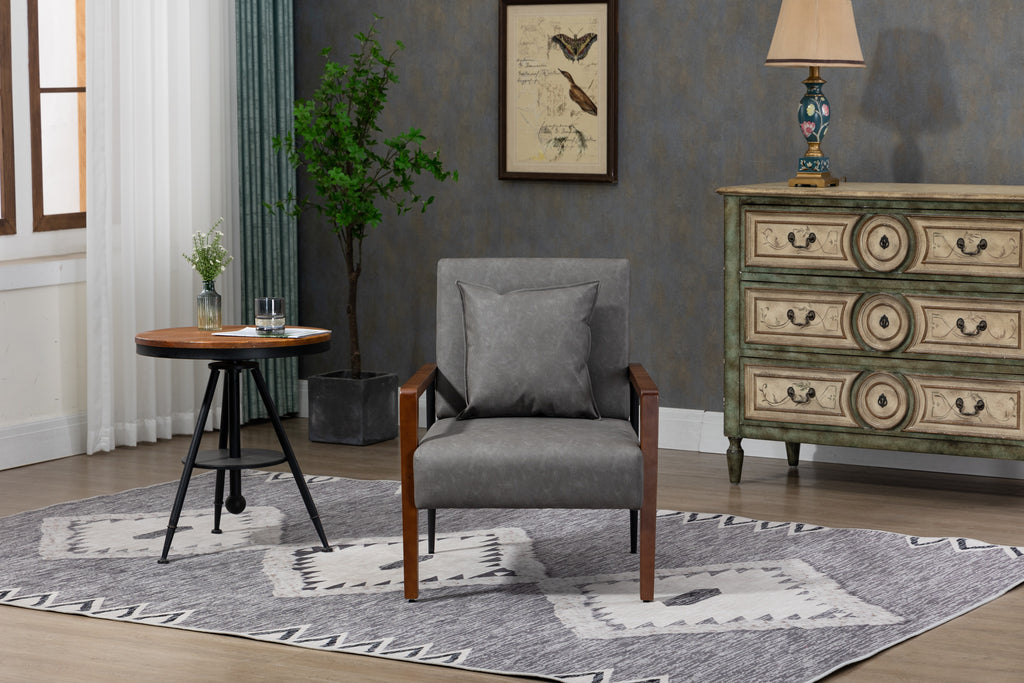 Mid-Century Modern Leather Armchair with Solid Wood Armrest S55508