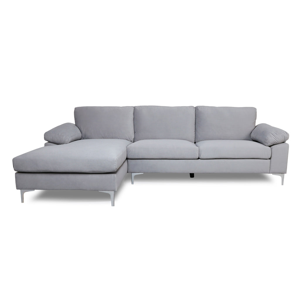 Fooing Modern Velvet L-Shape Sofa with Extra Wide Chaise, Gray M738