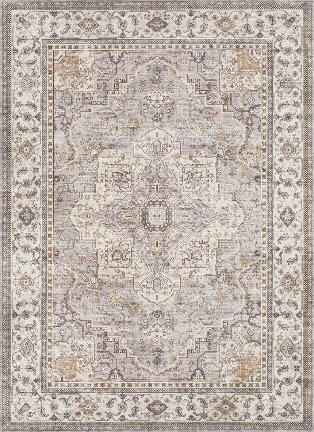 Washable Area Rug 8x10 Neutral Vintage Floral for Living Room X83094
