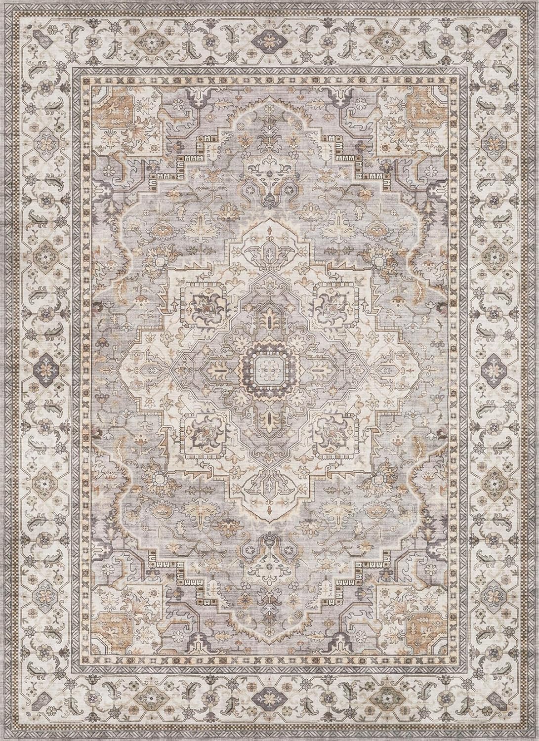 Washable Area Rug 8x10 Neutral Vintage Floral for Living Room X83094