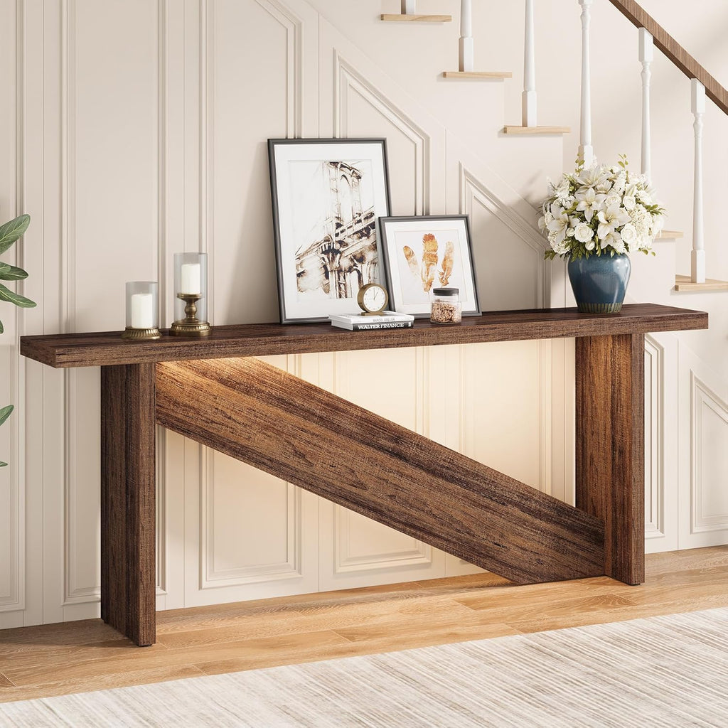Console Table with LED Lights, 70.86" Narrow Wood Entryway Table, Rustic Brown I540