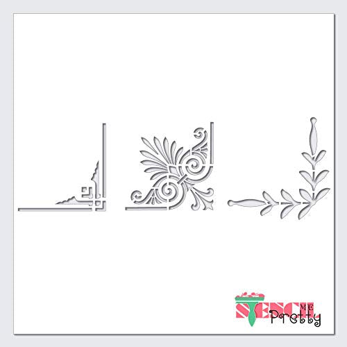 Elegant Border Stencil 3-in-1 Best Vinyl Large Corner Stencils for Painting on Wood, Canvas, Wall, Furniture -S (14" x 4.5") Ultra Thick Exhibit Grade White Color Material